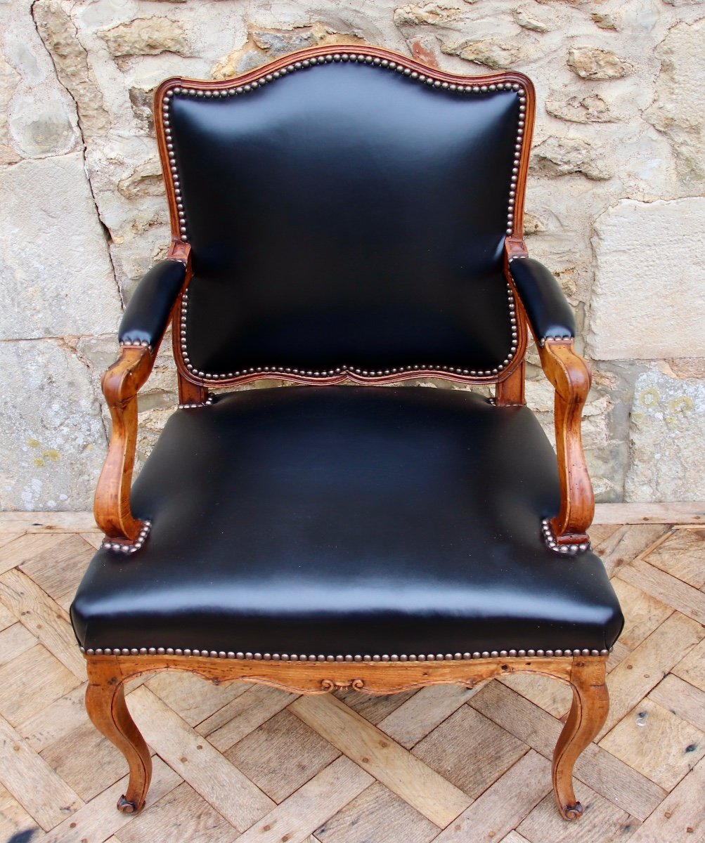 Paire De Fauteuils Dossier Plat d'époque Louis XV Recouvert De Cuir -photo-4