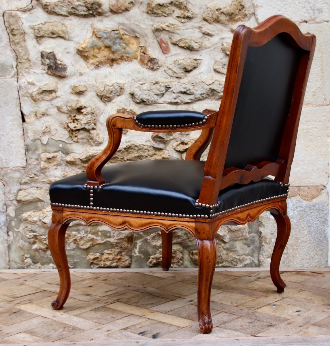 Paire De Fauteuils Dossier Plat d'époque Louis XV Recouvert De Cuir -photo-7