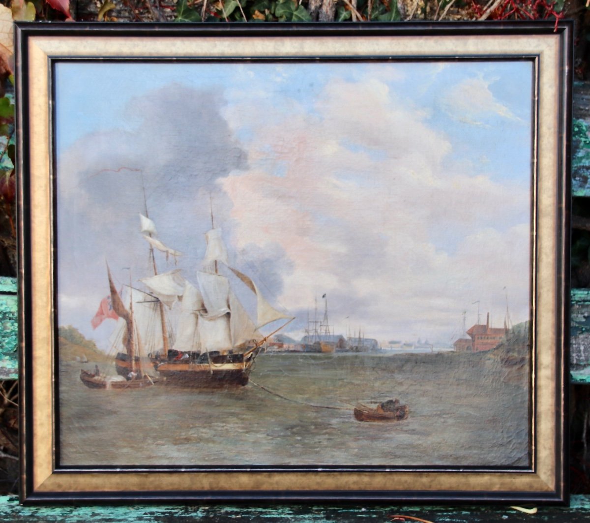 Nineteenth Century English Navy Painting Boats In Port-photo-2