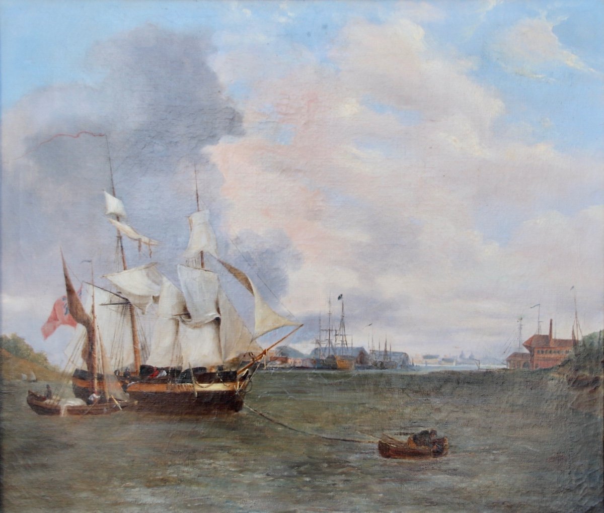 Nineteenth Century English Navy Painting Boats In Port-photo-3