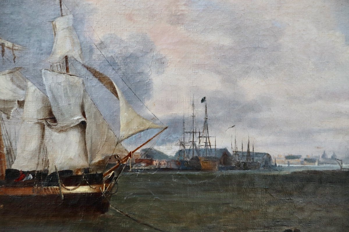 Nineteenth Century English Navy Painting Boats In Port-photo-4