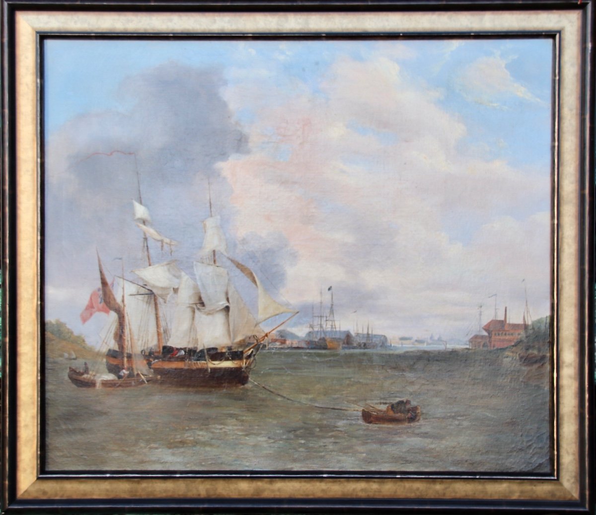 Nineteenth Century English Navy Painting Boats In Port-photo-2