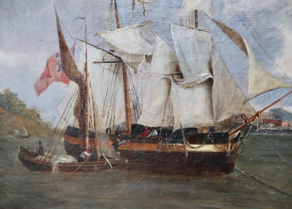 Nineteenth Century English Navy Painting Boats In Port-photo-4