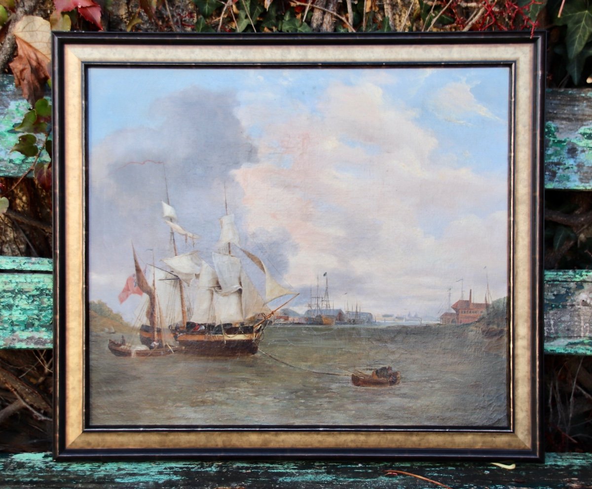 Peinture Marine Anglaise XIXème Bateaux Au Port
