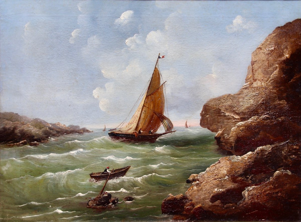 Peinture XIXème Bateau De Pêche En Mer -photo-2