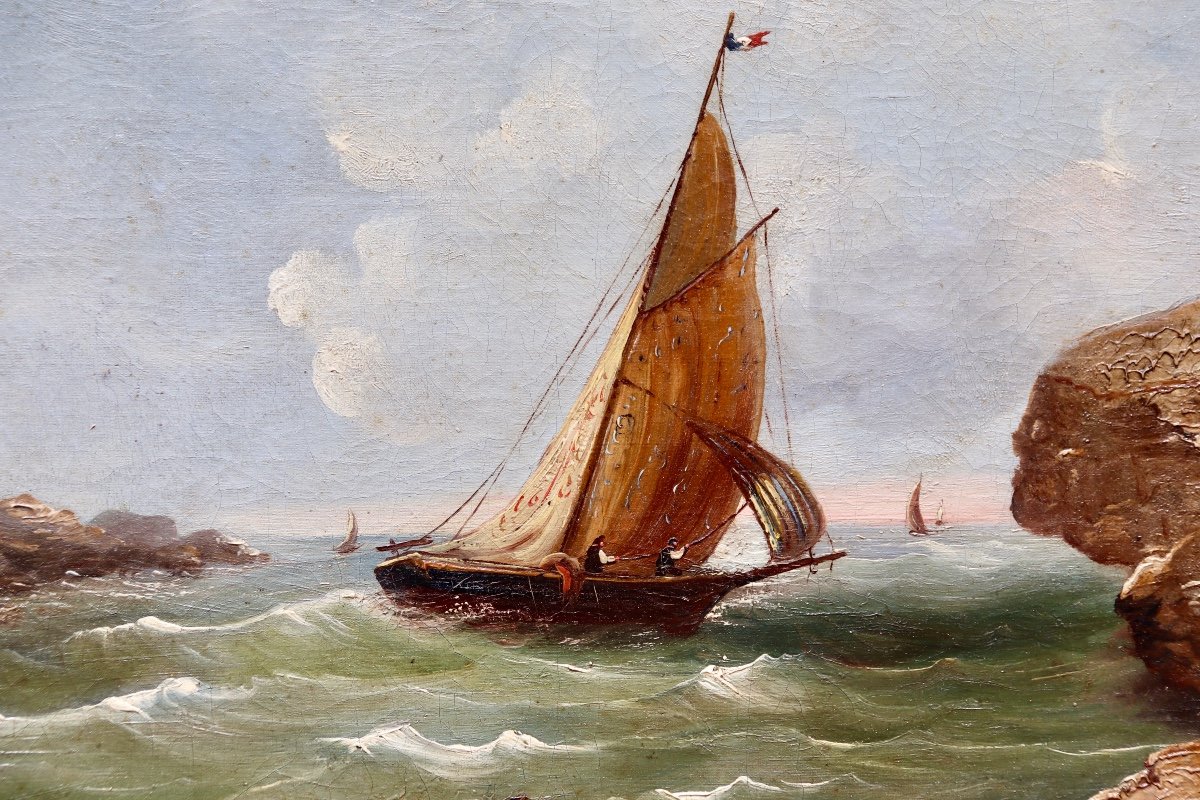 XIXth Painting Fishing Boat At Sea-photo-3