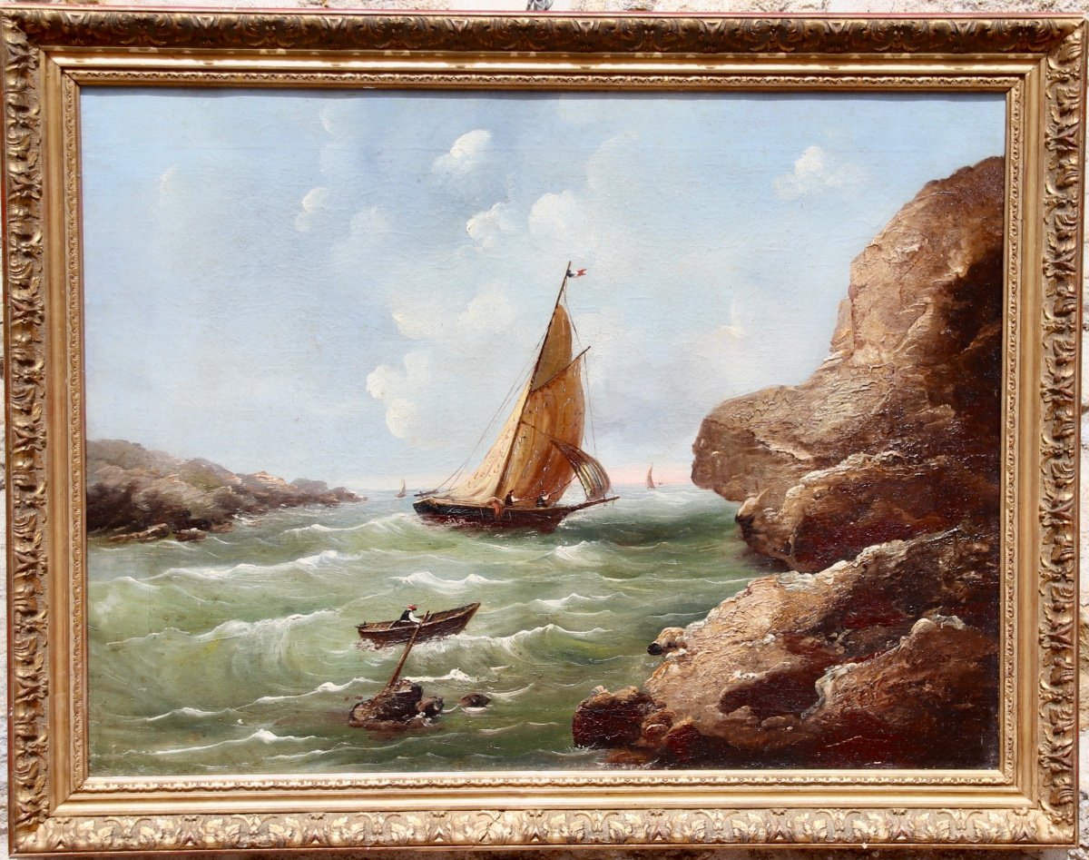 XIXth Painting Fishing Boat At Sea-photo-2