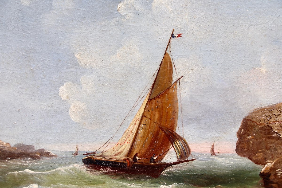 XIXth Painting Fishing Boat At Sea-photo-5