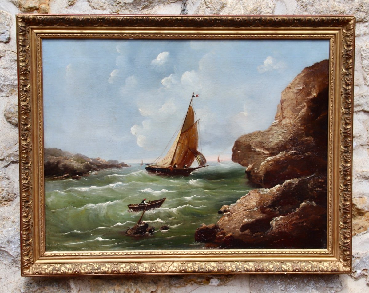 Peinture XIXème Bateau De Pêche En Mer 