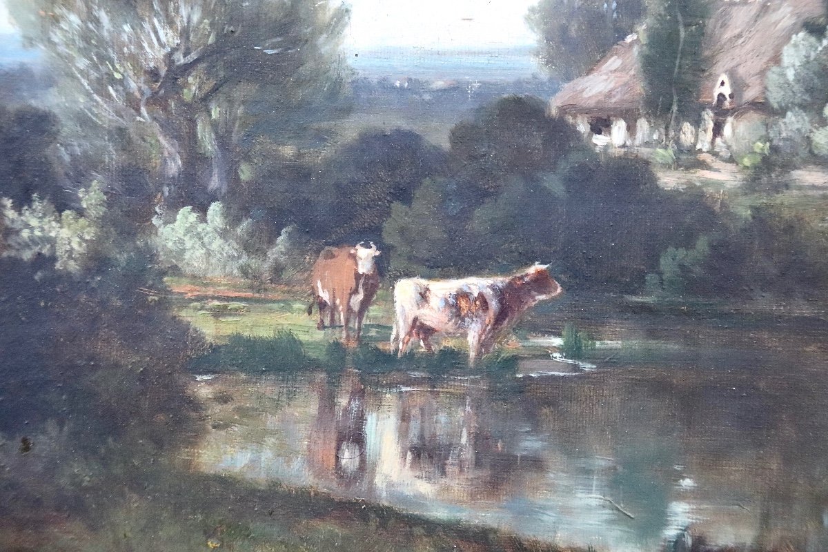 Grande Peinture XIXème d'Henri-françois Perret les vaches s'abreuvant. -photo-3