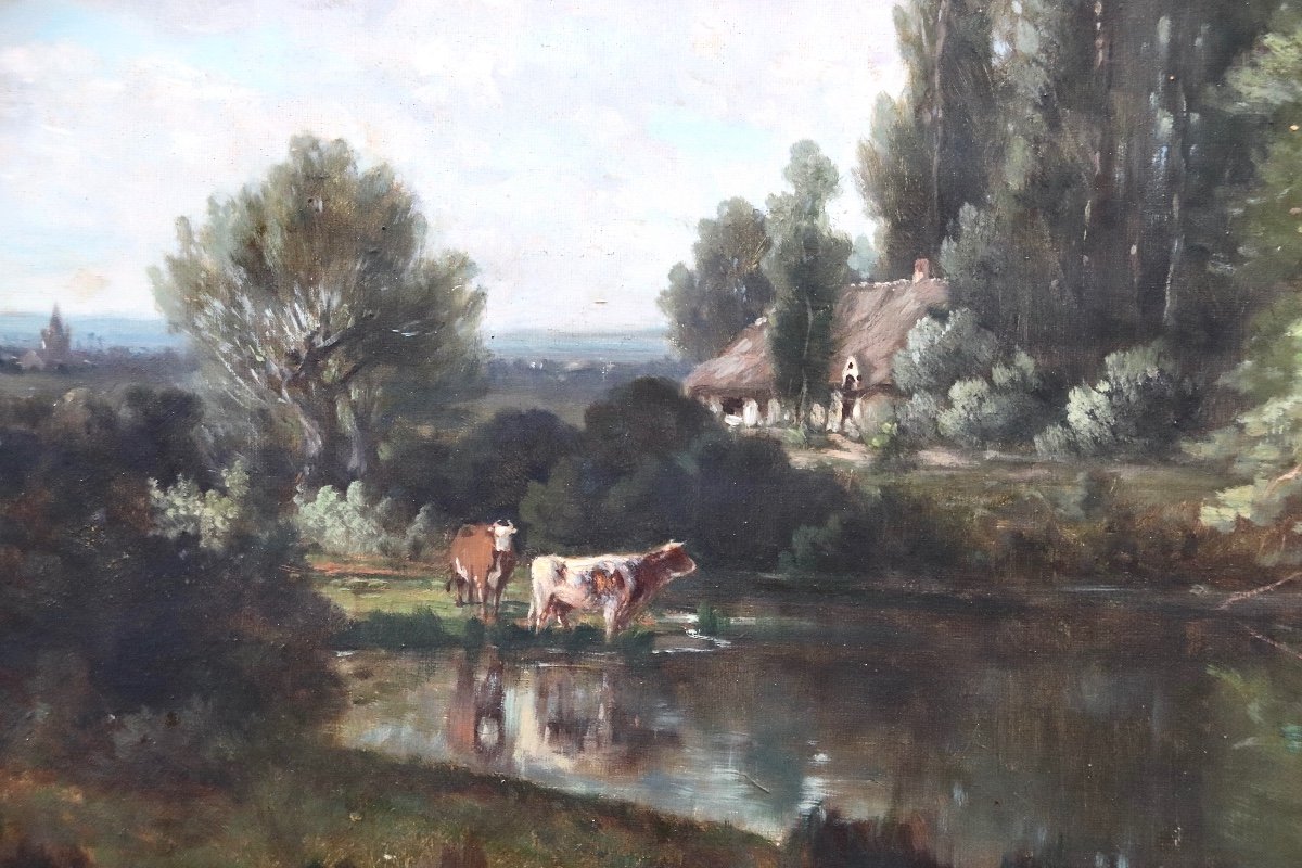 Large XIXth Painting Of Henri-françois Perret Cows Drinking.-photo-3