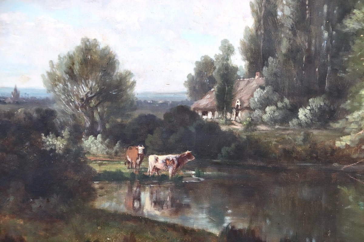 Grande Peinture XIXème d'Henri-françois Perret les vaches s'abreuvant. -photo-3