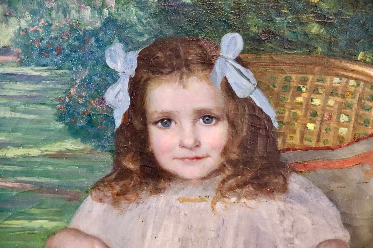 Painting Early Twentieth Young Girl With Bouquet-photo-3