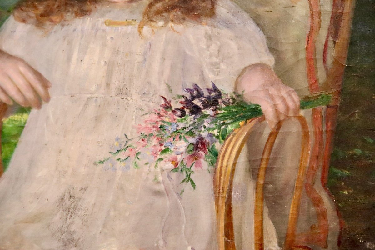 Painting Early Twentieth Young Girl With Bouquet-photo-4