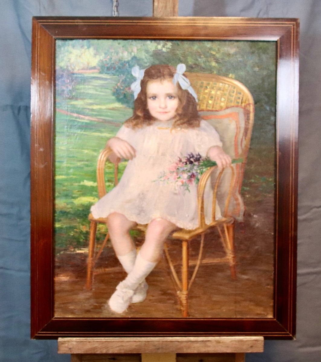 Peinture Début XXème Jeune Fille Au Bouquet -photo-1