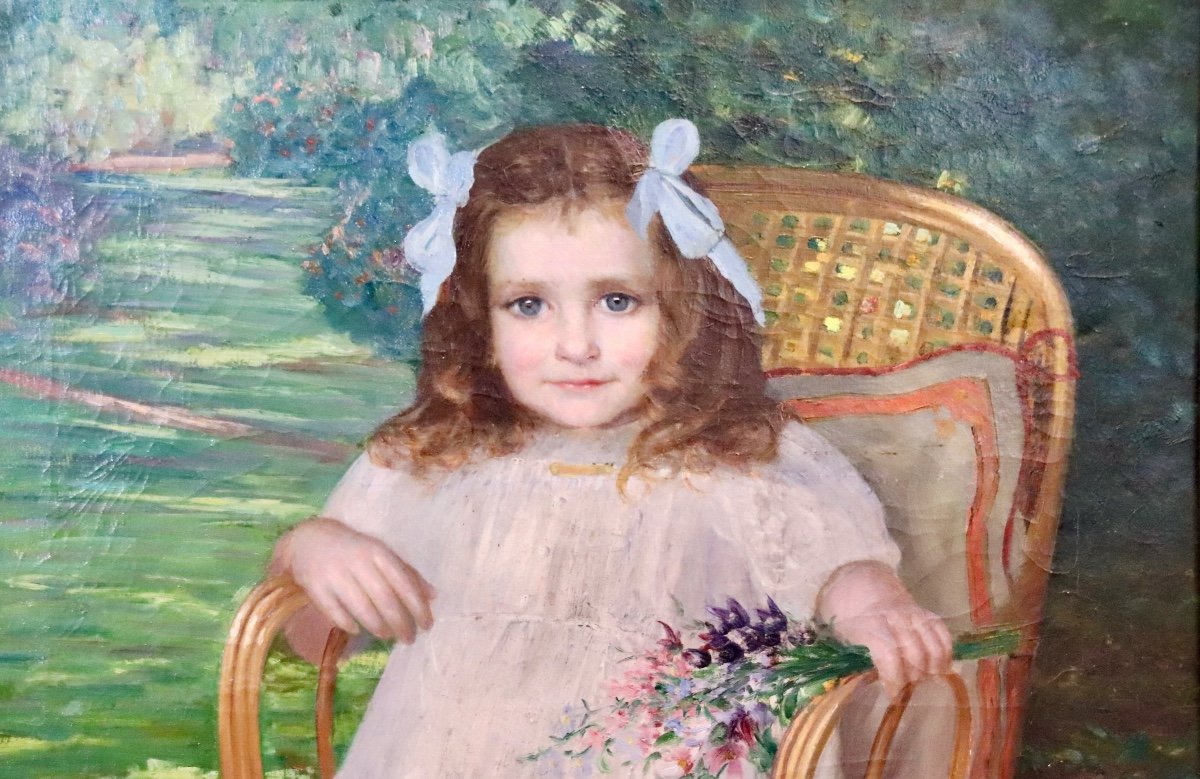 Painting Early Twentieth Young Girl With Bouquet-photo-2