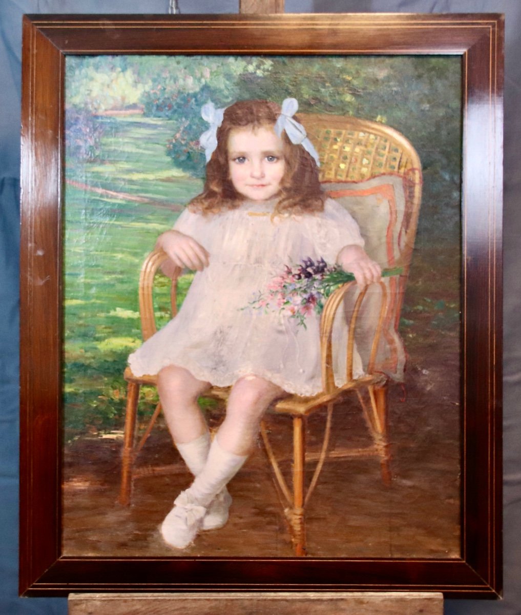 Painting Early Twentieth Young Girl With Bouquet-photo-3