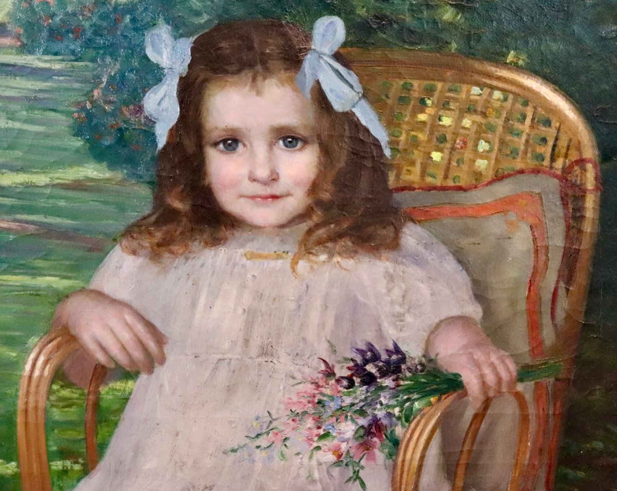 Peinture Début XXème Jeune Fille Au Bouquet -photo-4