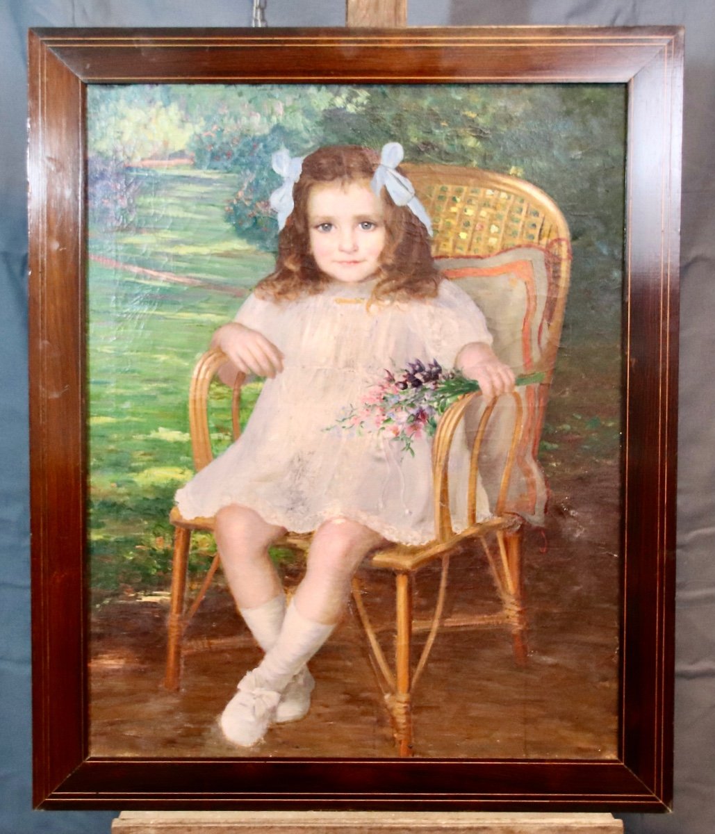 Painting Early Twentieth Young Girl With Bouquet-photo-5