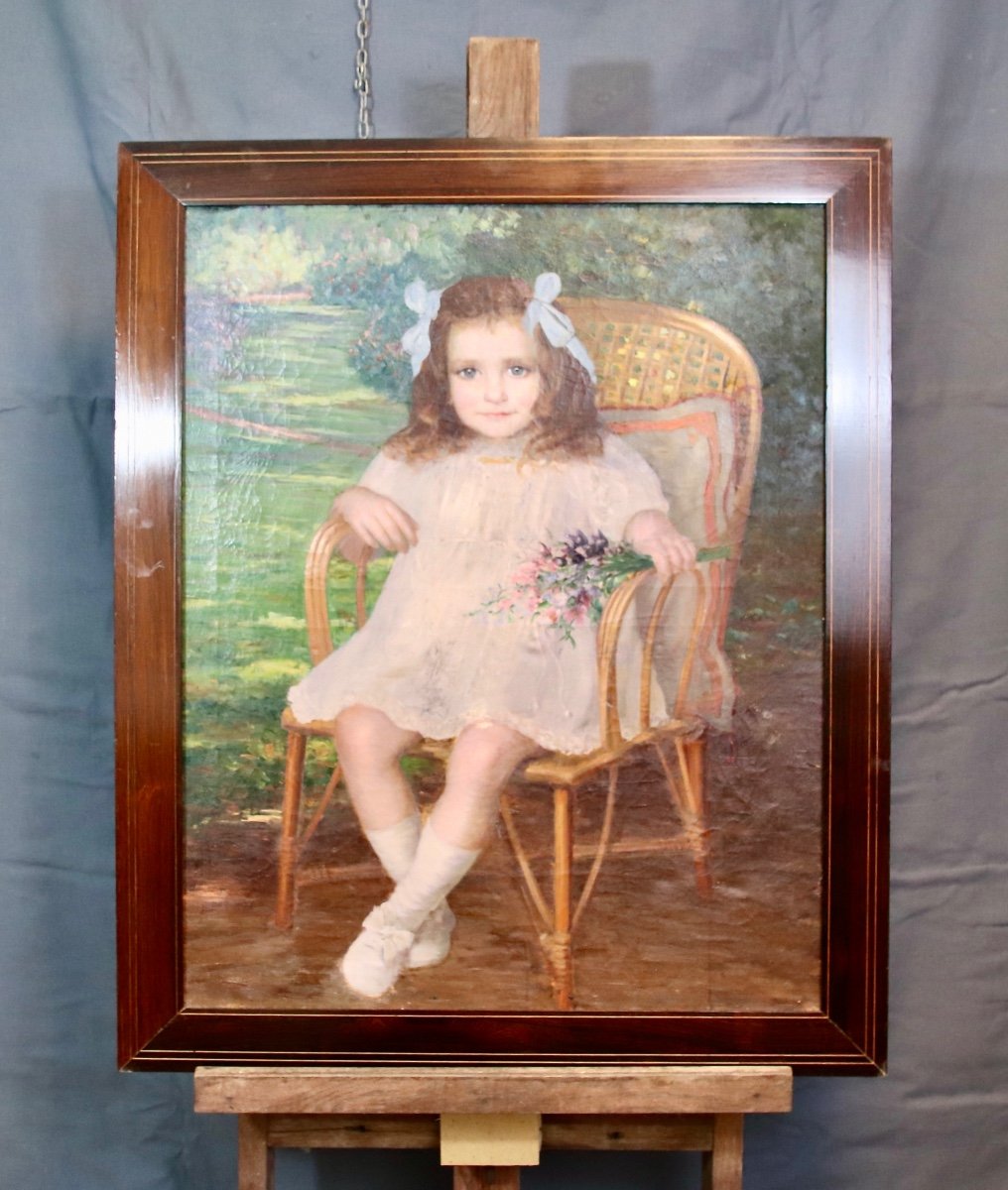 Painting Early Twentieth Young Girl With Bouquet