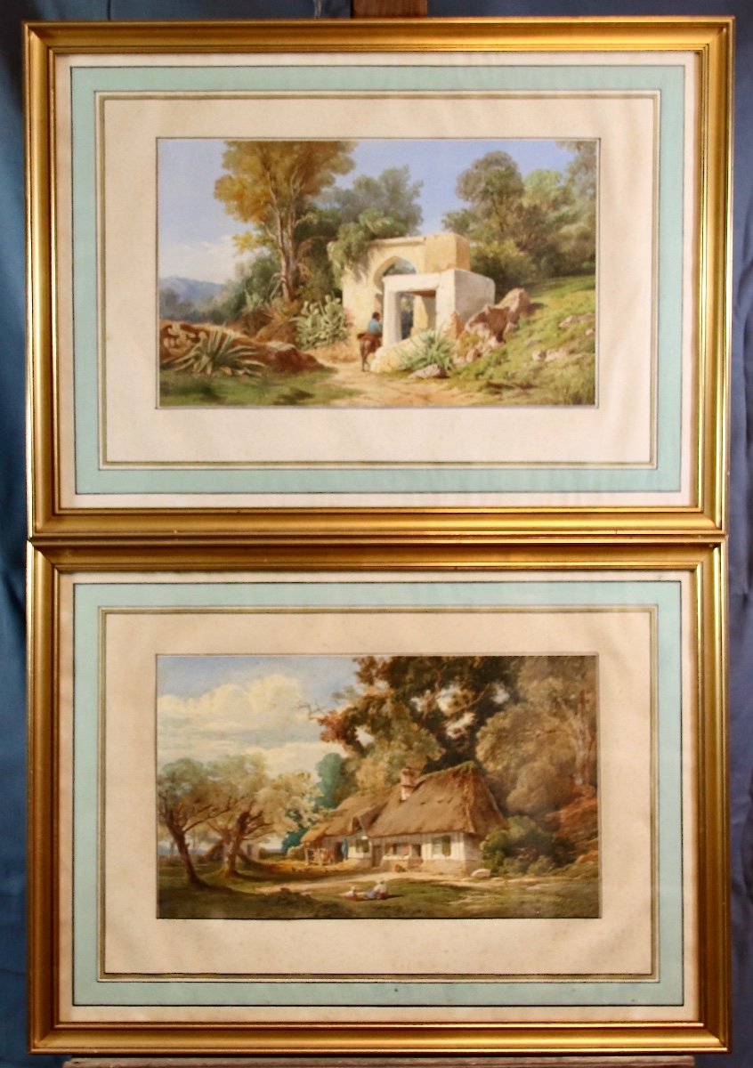 Pair Of Watercolors Animated Landscapes Late Nineteenth