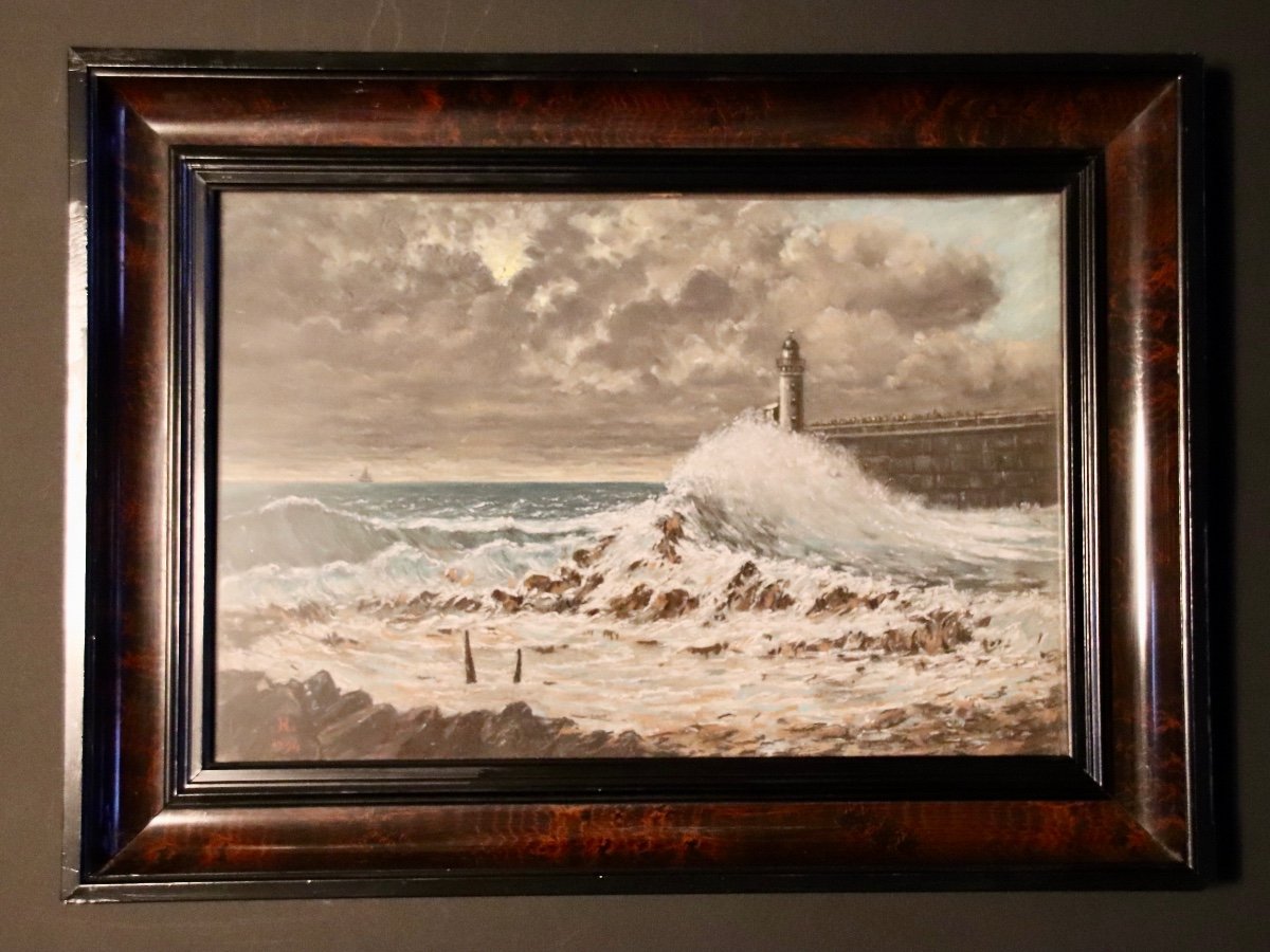 Pastel Tempête Sur La Digue Monogrammé J.h.l.