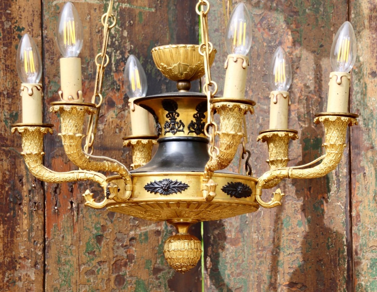 Lustre Empire En Bronze Doré à 6 Lumières -photo-2