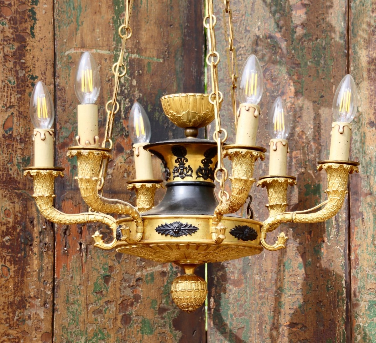 Lustre Empire En Bronze Doré à 6 Lumières -photo-8