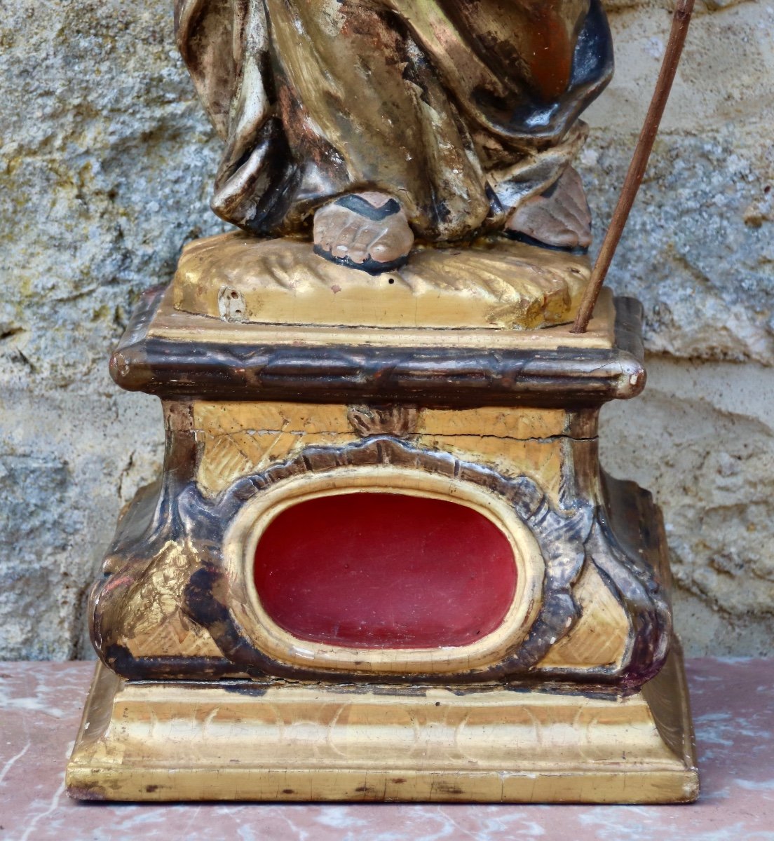 Saint Jacques 18th Century Reliquary In Polychrome Wood-photo-4