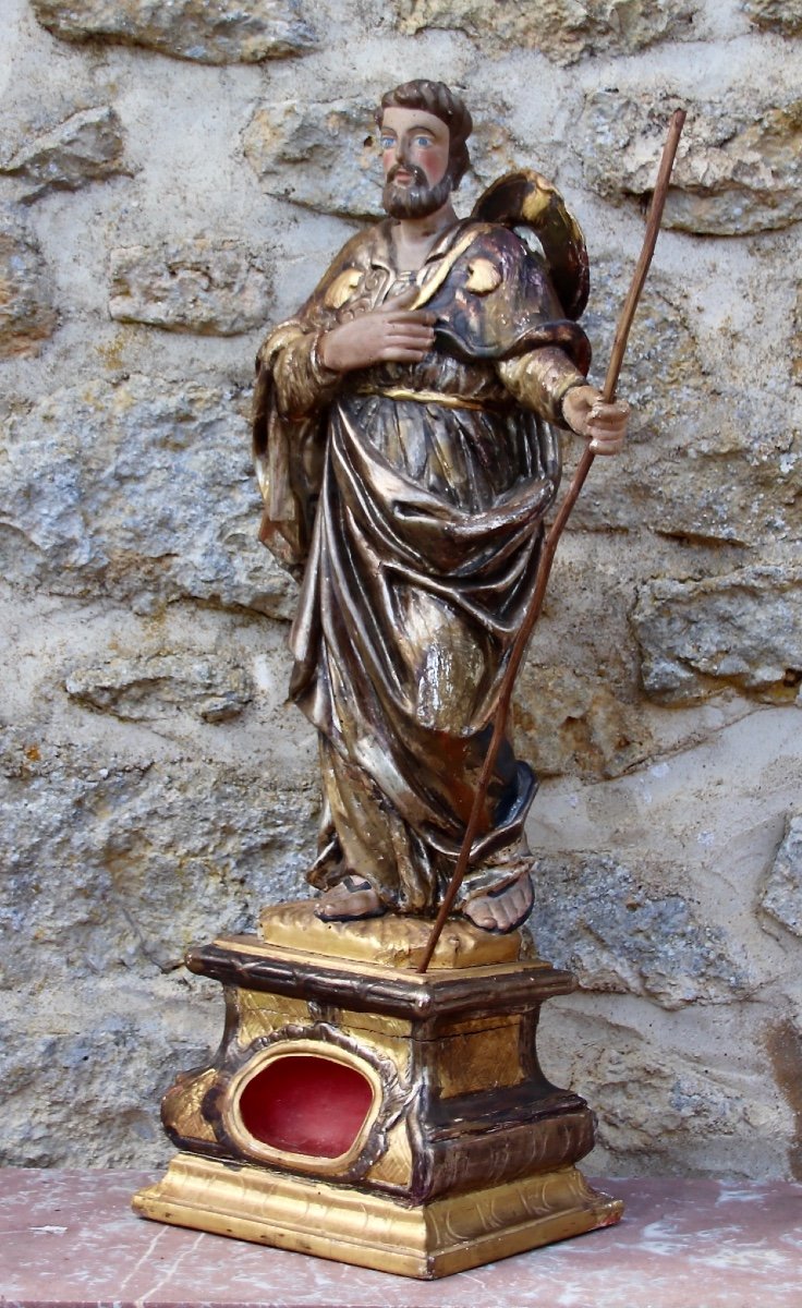 Saint Jacques 18th Century Reliquary In Polychrome Wood-photo-2