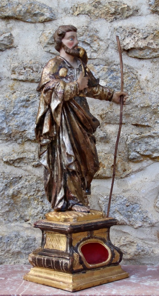 Saint Jacques 18th Century Reliquary In Polychrome Wood-photo-3