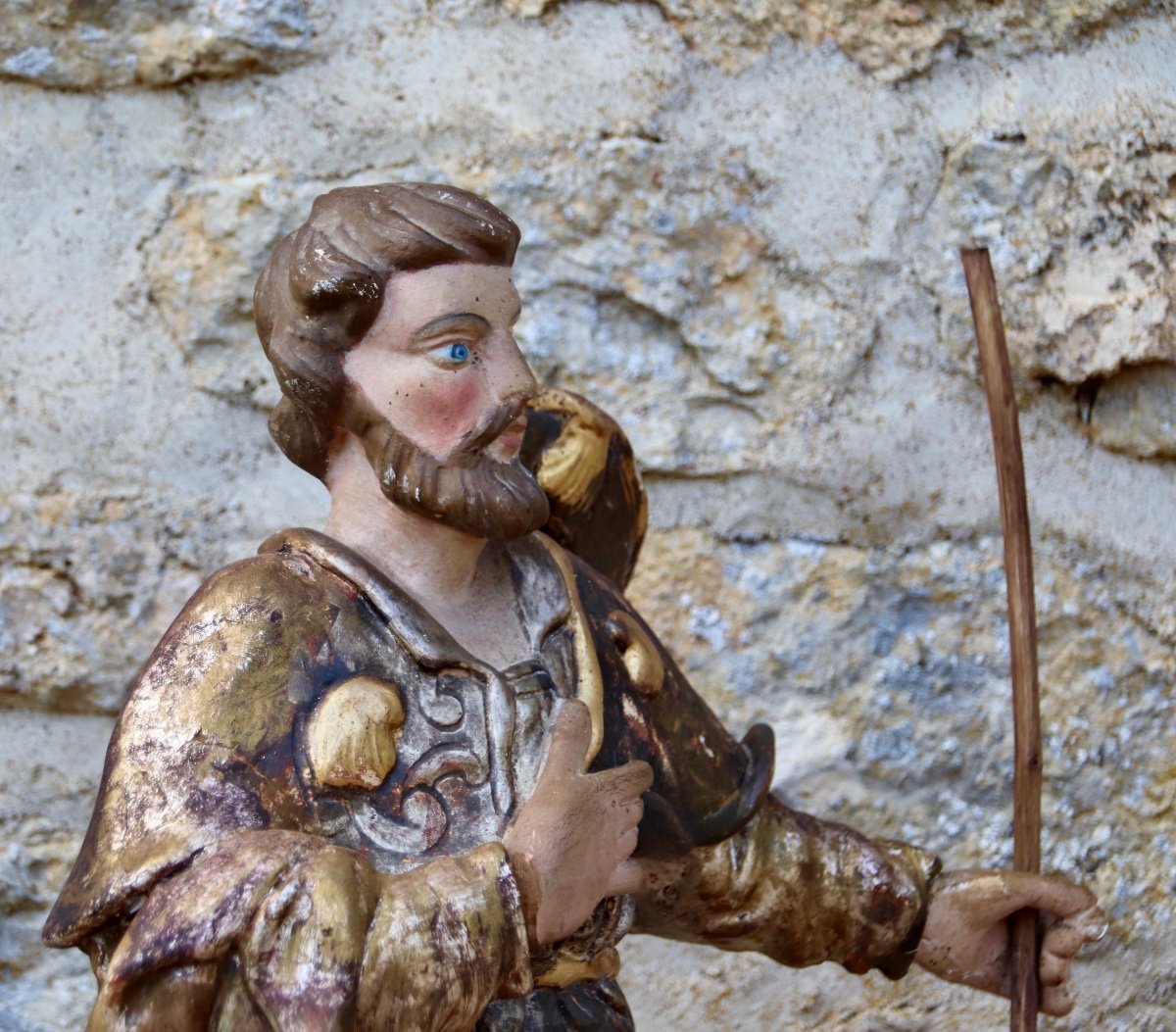 Saint Jacques 18th Century Reliquary In Polychrome Wood-photo-4
