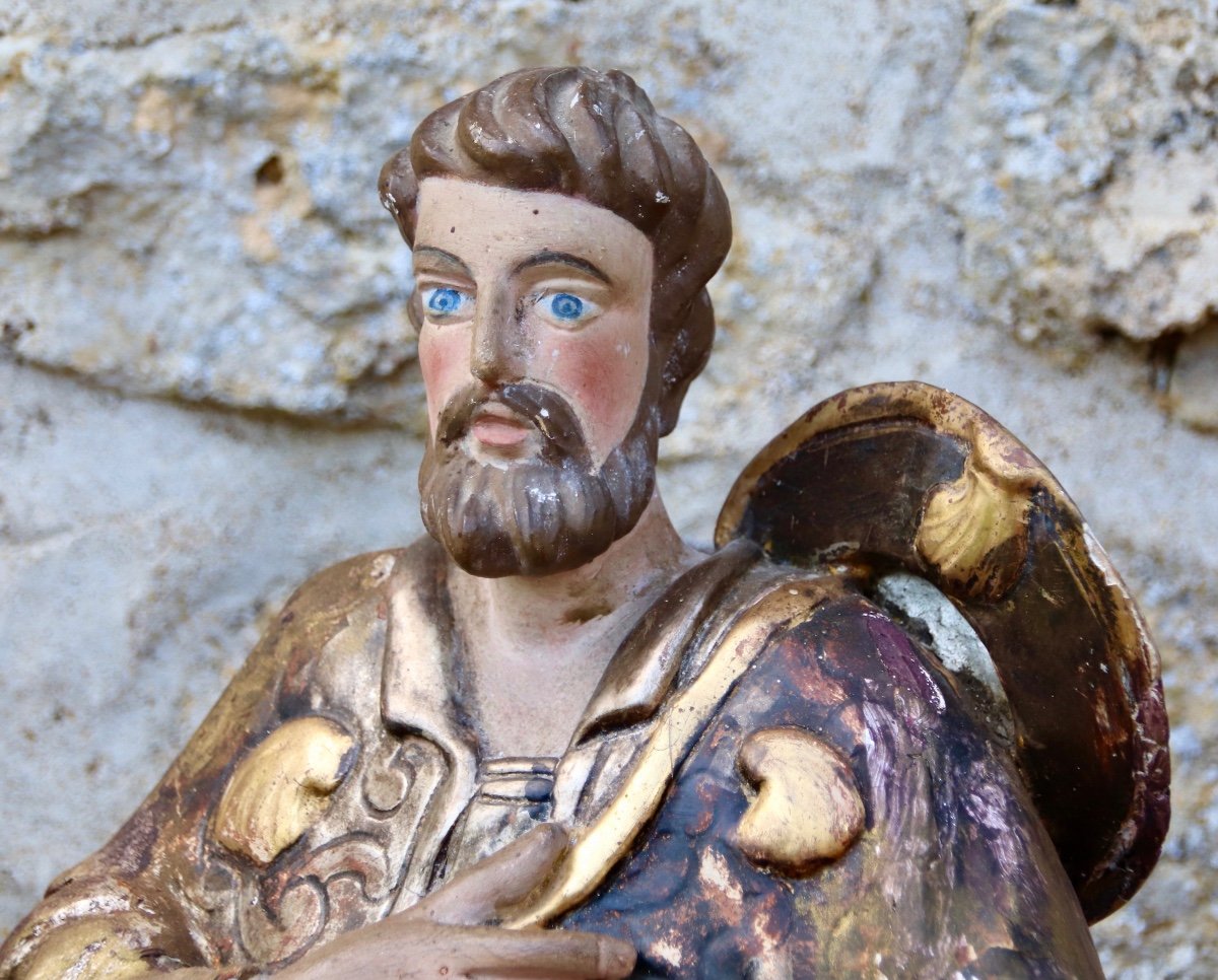 Saint Jacques 18th Century Reliquary In Polychrome Wood-photo-5