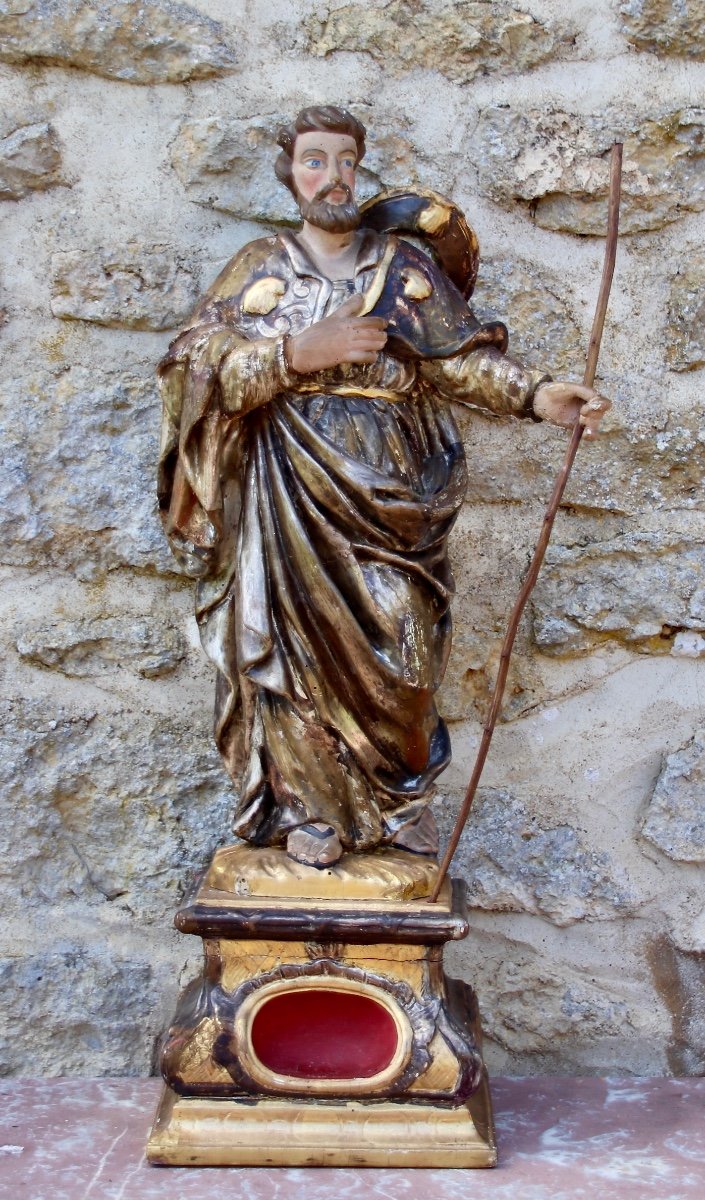 Saint Jacques 18th Century Reliquary In Polychrome Wood