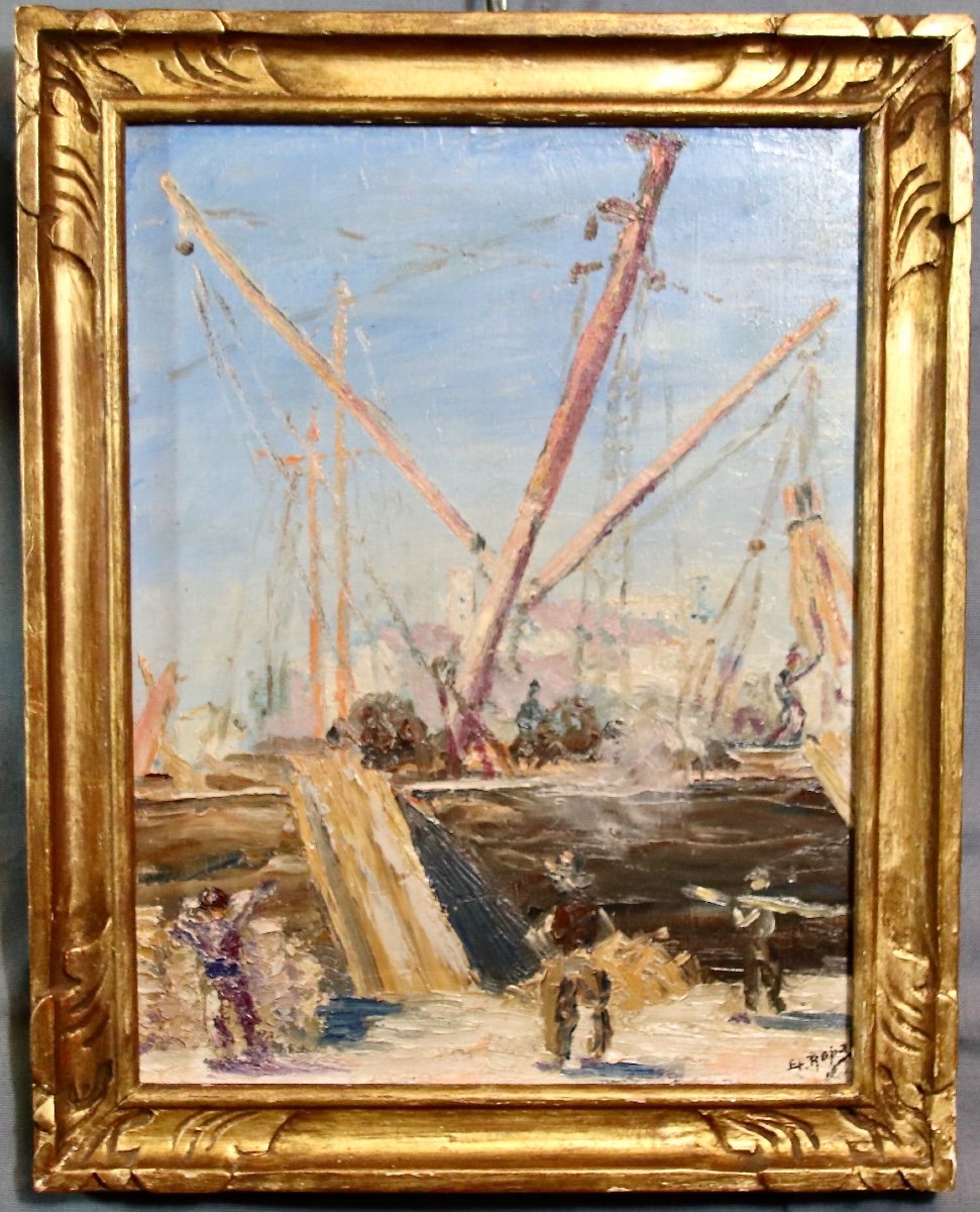 Peinture XXème Bateaux à Quai 
