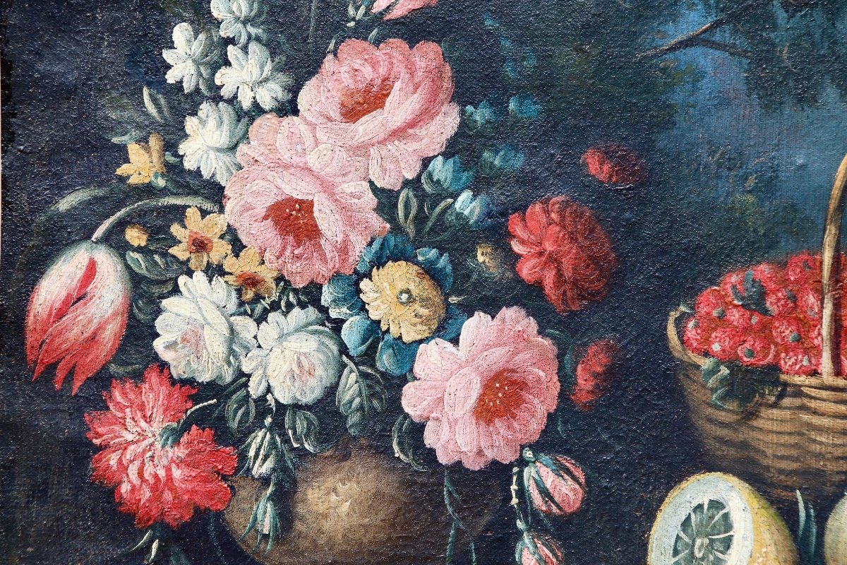 Peinture XVIIème Nature Morte Fleurs Fruits Oiseau -photo-3