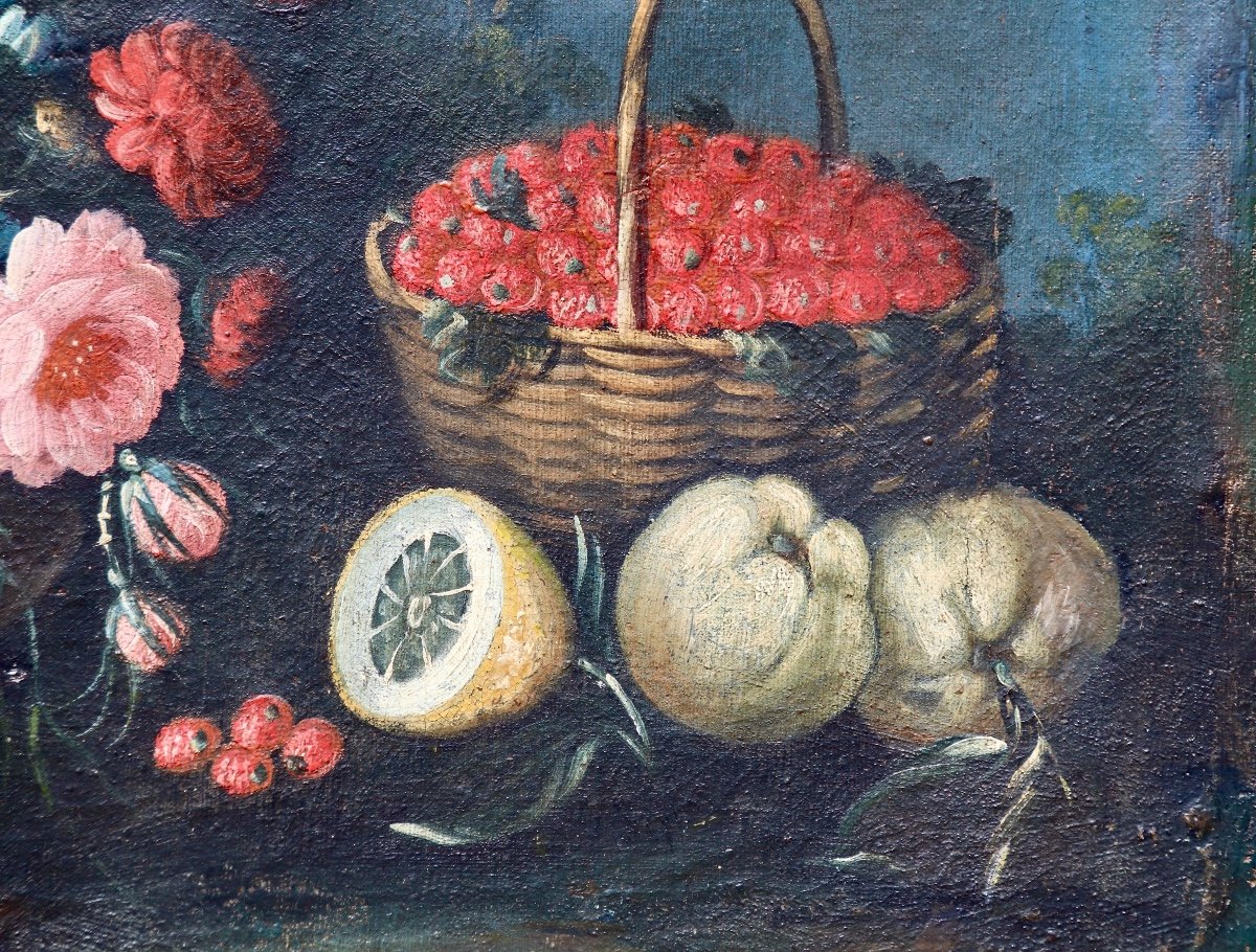 Peinture XVIIème Nature Morte Fleurs Fruits Oiseau -photo-4