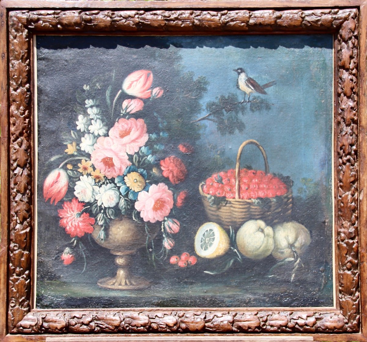 Peinture XVIIème Nature Morte Fleurs Fruits Oiseau -photo-3