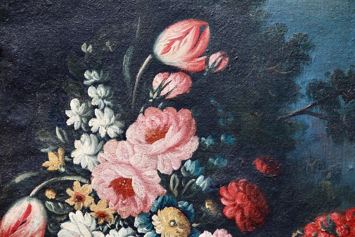 Peinture XVIIème Nature Morte Fleurs Fruits Oiseau -photo-4