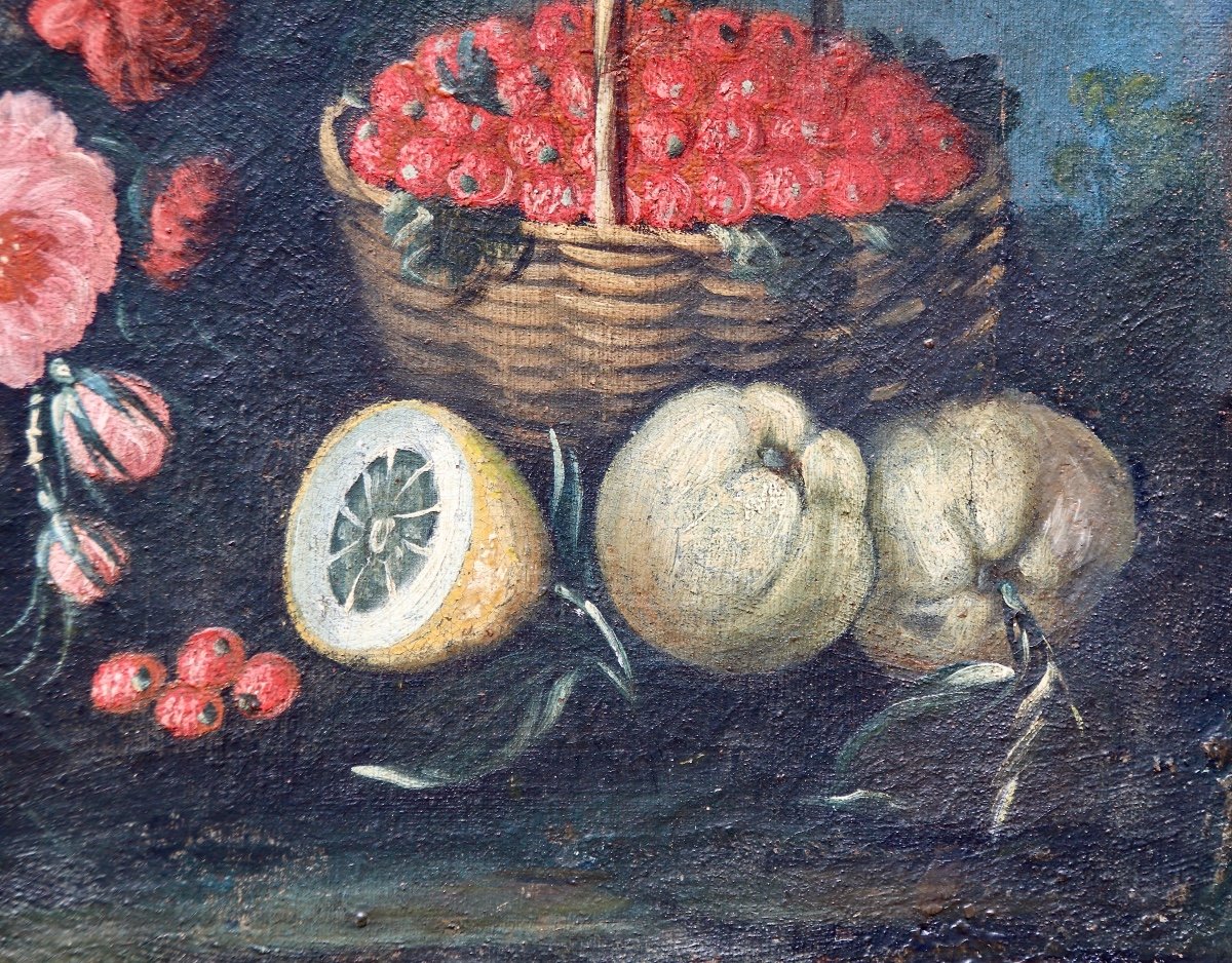 Peinture XVIIème Nature Morte Fleurs Fruits Oiseau -photo-5