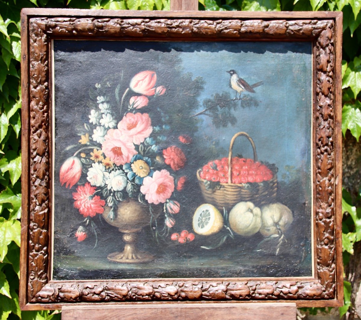Peinture XVIIème Nature Morte Fleurs Fruits Oiseau -photo-6