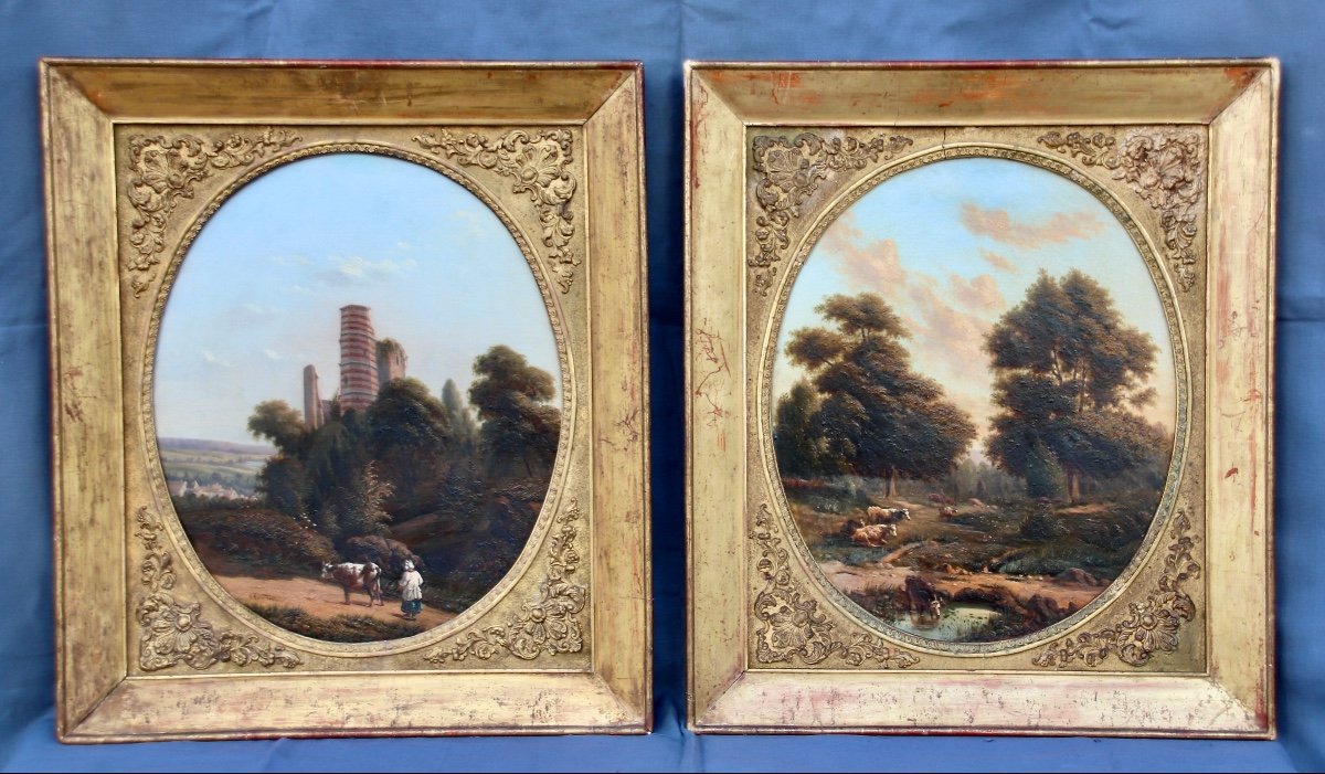 Paire De Peintures De Paysage Ovale De Joseph Felly