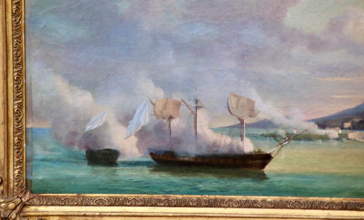 Peinture XIXème Bataille Dans La Baie d'Alger -photo-5