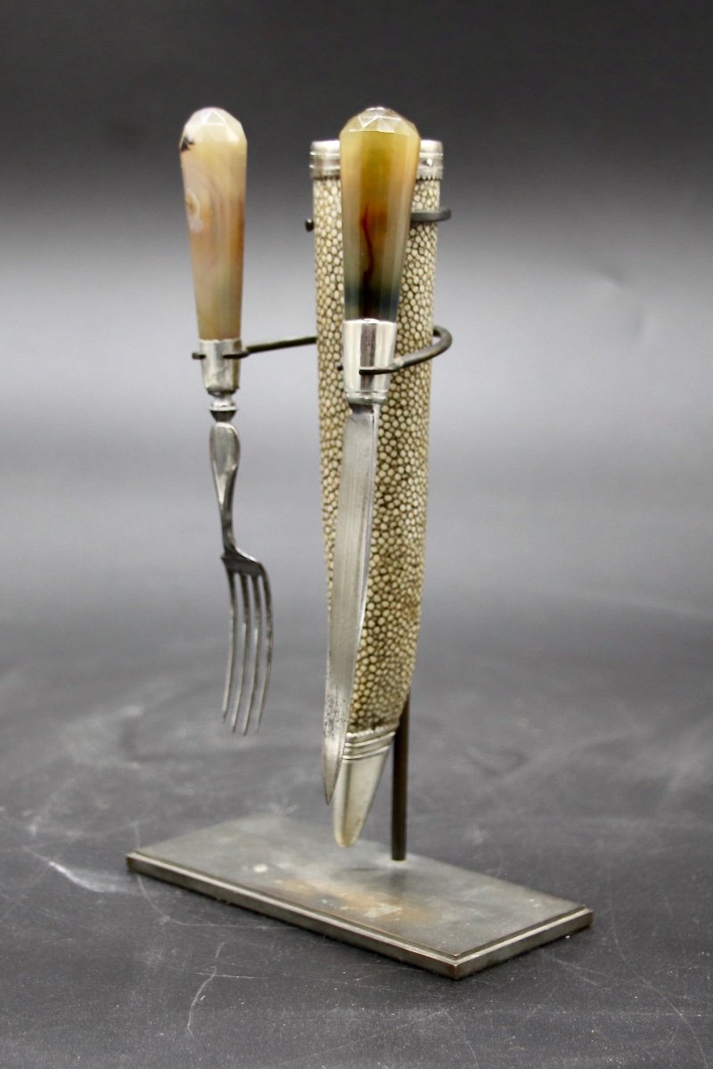 18th Century English Travel Cutlery In Agate And Galuchat Silver-photo-2