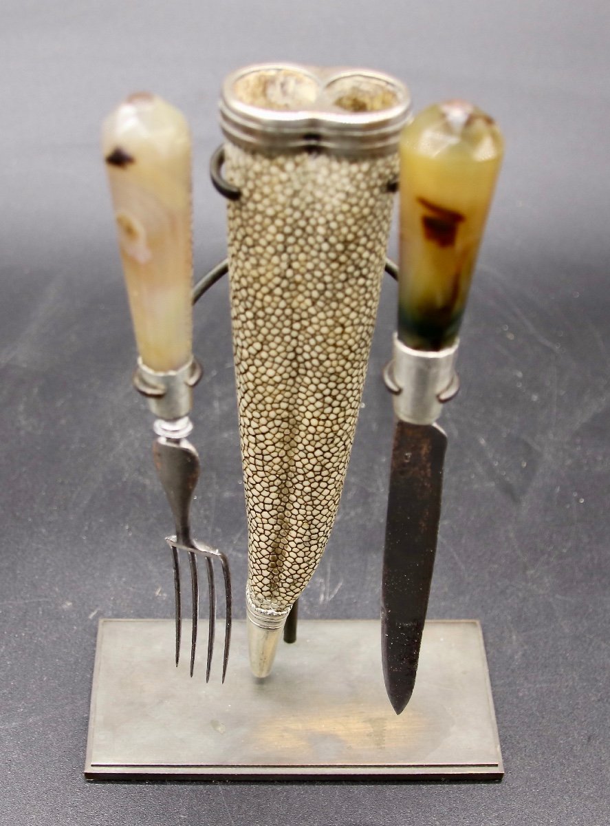 18th Century English Travel Cutlery In Agate And Galuchat Silver-photo-2