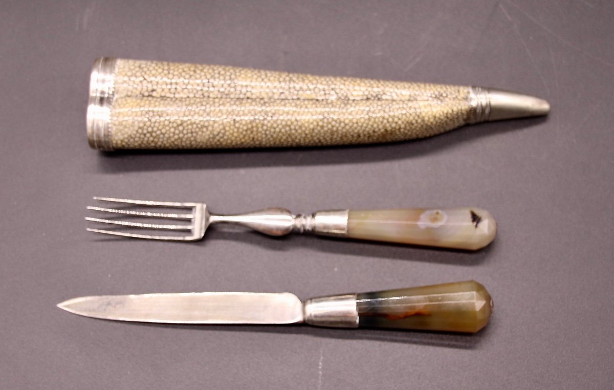 18th Century English Travel Cutlery In Agate And Galuchat Silver-photo-4