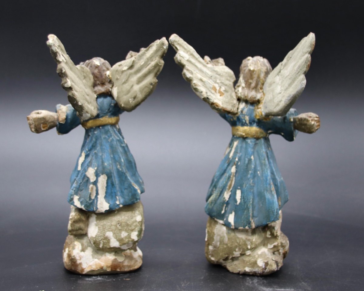 Paire d'Anges XVIIIème En Bois Polychrome -photo-1