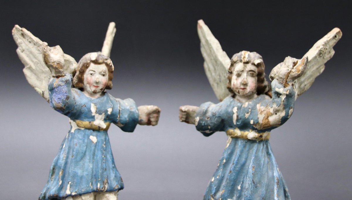 Paire d'Anges XVIIIème En Bois Polychrome -photo-2
