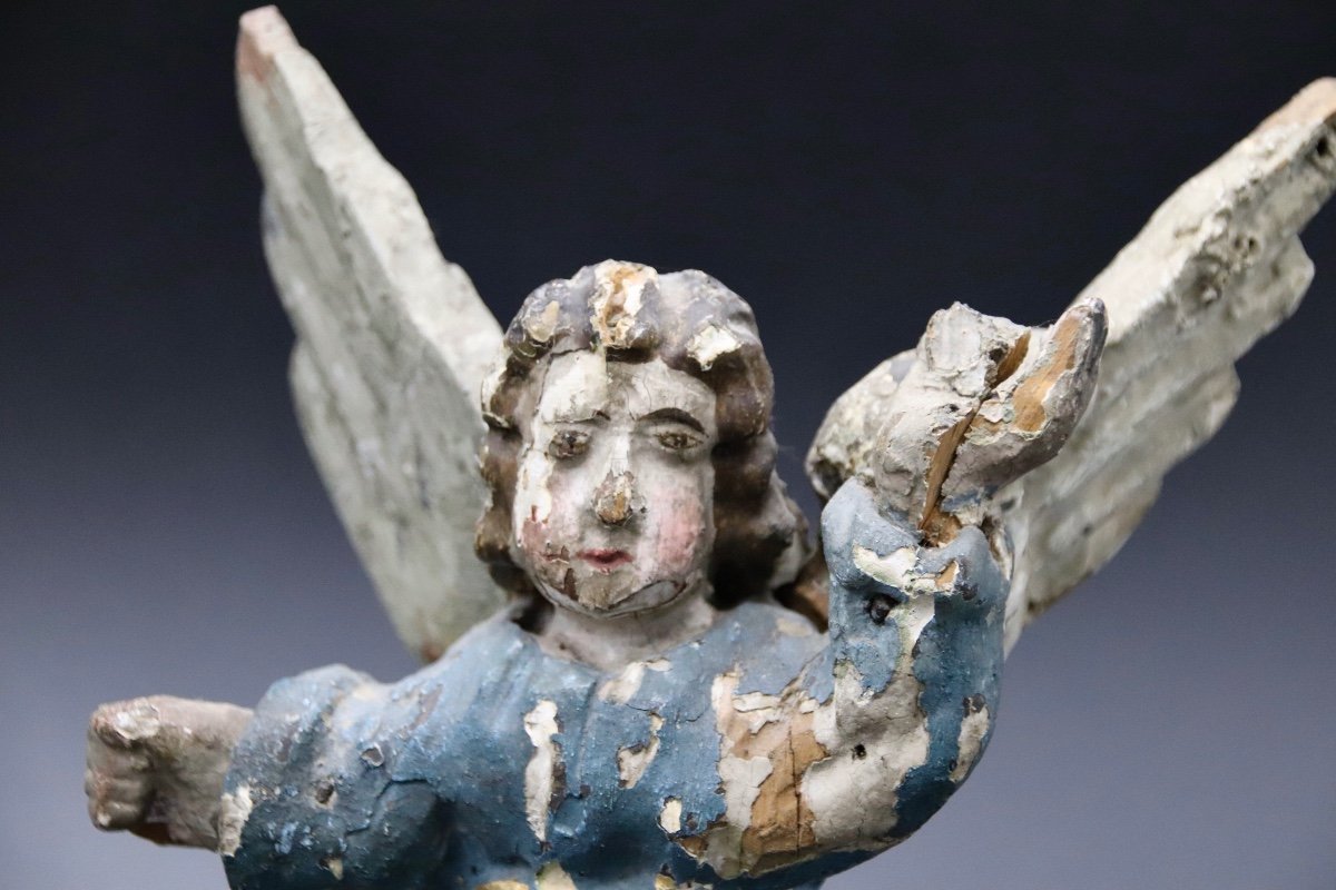 Paire d'Anges XVIIIème En Bois Polychrome -photo-3