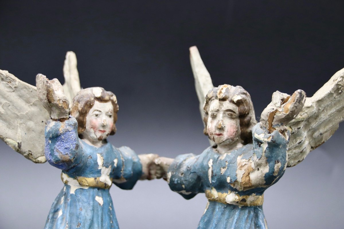 Paire d'Anges XVIIIème En Bois Polychrome -photo-6